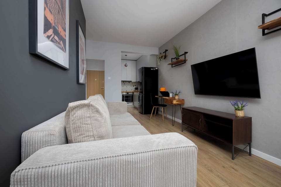 A functional layout combining a living area and kitchen in soft grey tones.
