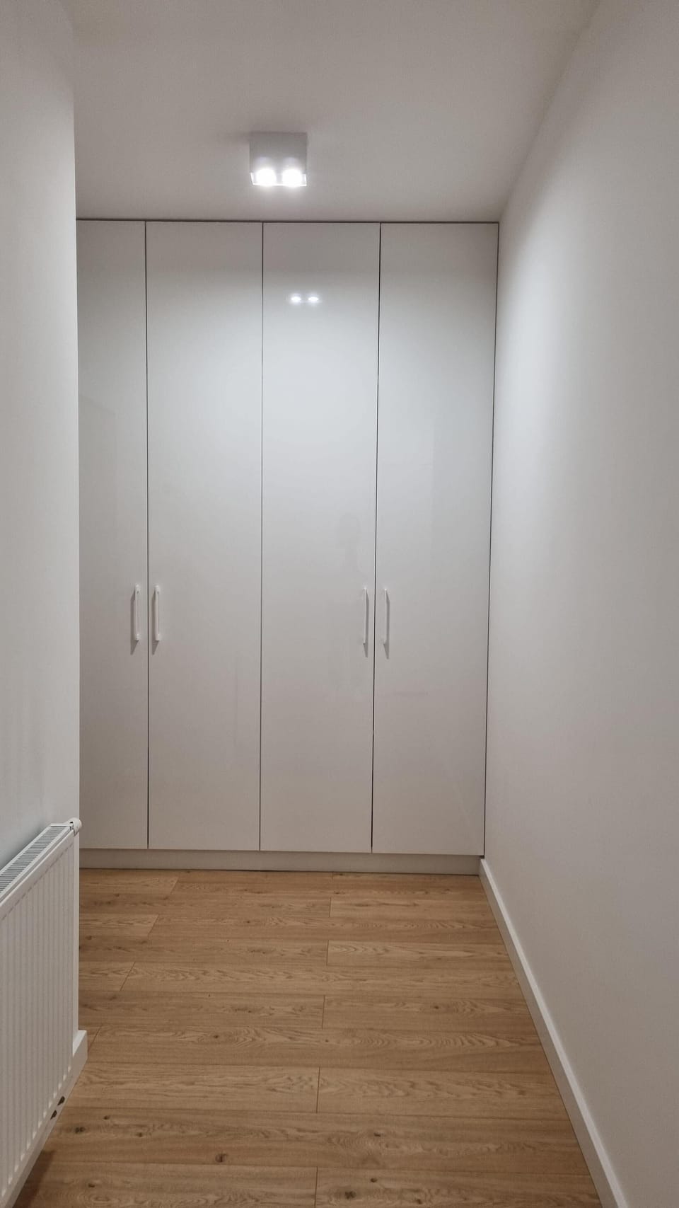 A narrow hallway with wooden floors and white walls, leading to other areas of the apartment. There’s a built-in closet on the side.