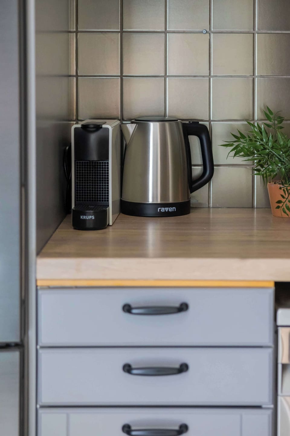 A close-up of a small counter space with a coffee machine and potted plant, adding a touch of comfort.