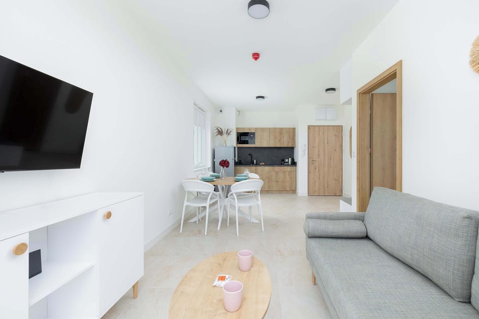 Another wide view of the main area, showing how the dining table, sofa, and kitchenette are arranged in an open-plan design, maximizing space and functionality.