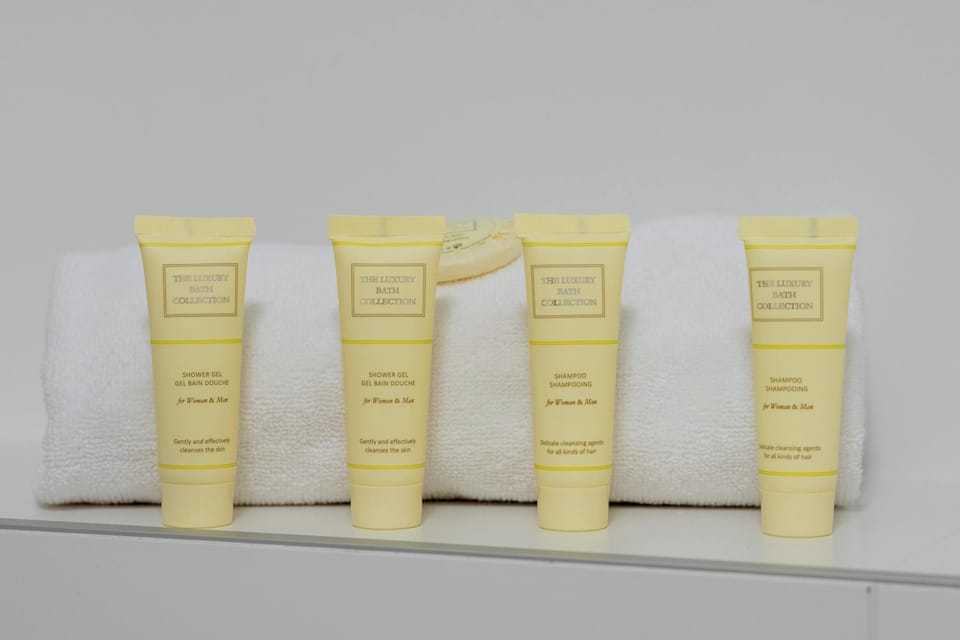 Display of provided toiletries arranged neatly in the bathroom, adding a touch of luxury and convenience for guests