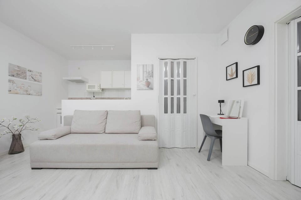 Comfortable, fold-out sofa in the living room. 