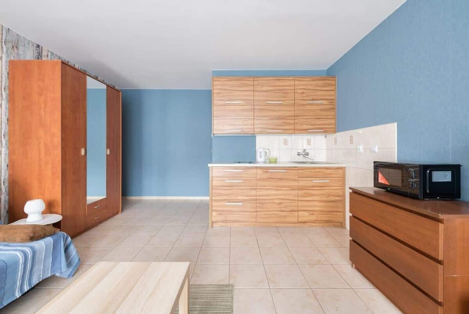 Capacious closet is a great place for storage, mirrored doors further enlarge the space.