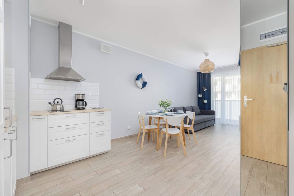 Spacious and modern living room with functional kitchenette, comfortable double sofa bed, and practical dining area.