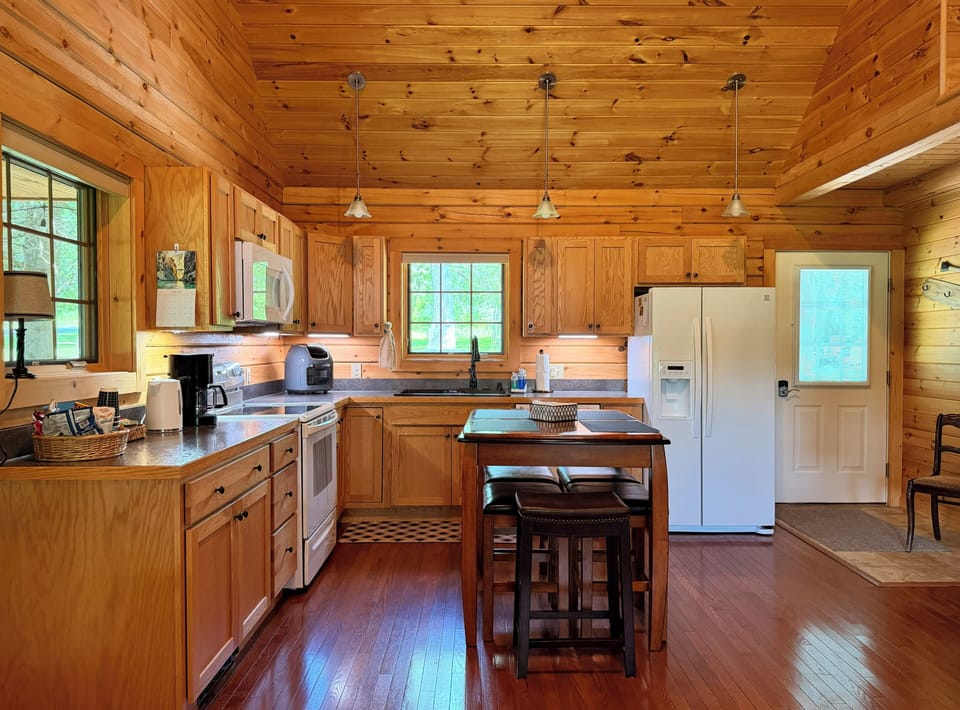 Spacious kitchen looks out into trees. (Side door to right.)