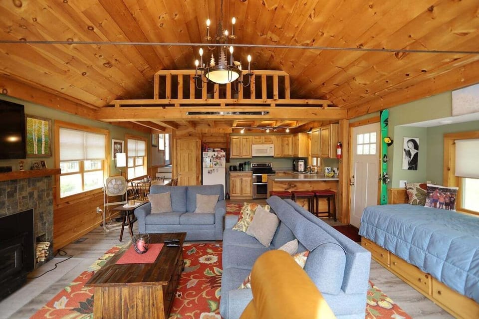 Living room with twin bed and pull-out queen in a house on Stinson Lake in the White Mountains