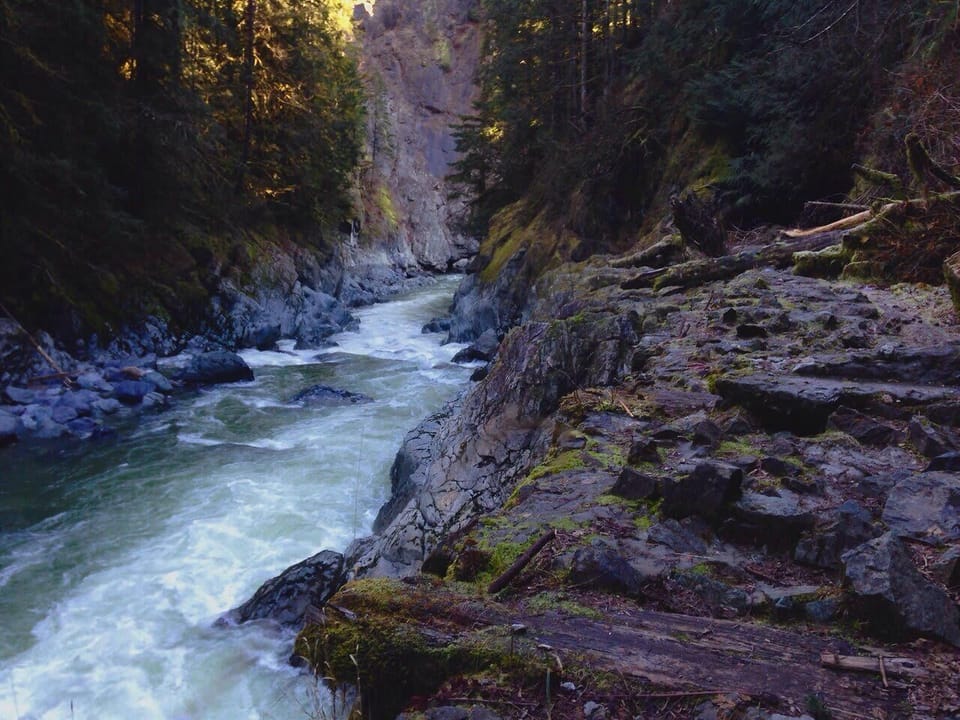 Granite Falls Fish Ladder trail is located on the Mt. Loop Highway, just east of town and before the bridge. It's a short in and out (.7 miles), but the falls are gorgeous and worth the stop. :)