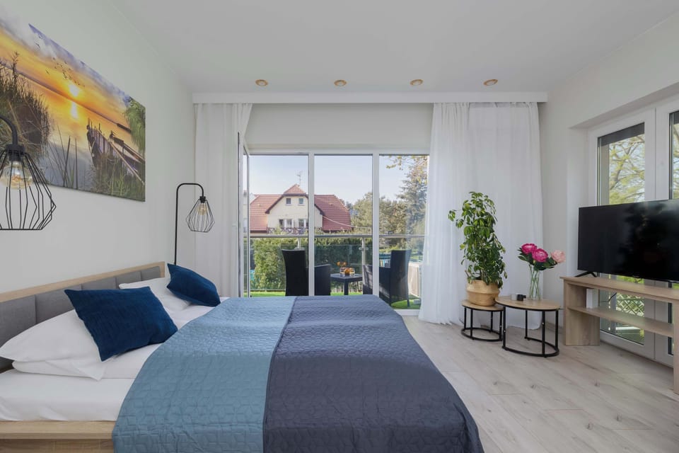 Studio layout with bed, TV, and balcony access.