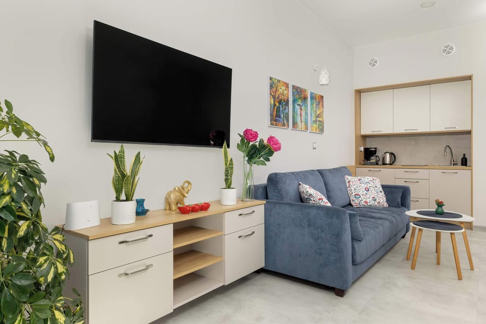 A living room view with a wall-mounted TV and blue sofa. The open layout connects the seating area with the kitchen. The room appears bright and functional.