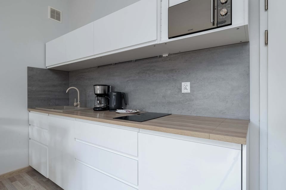 Kitchenette with plenty of kitchen utensils and dishes. 