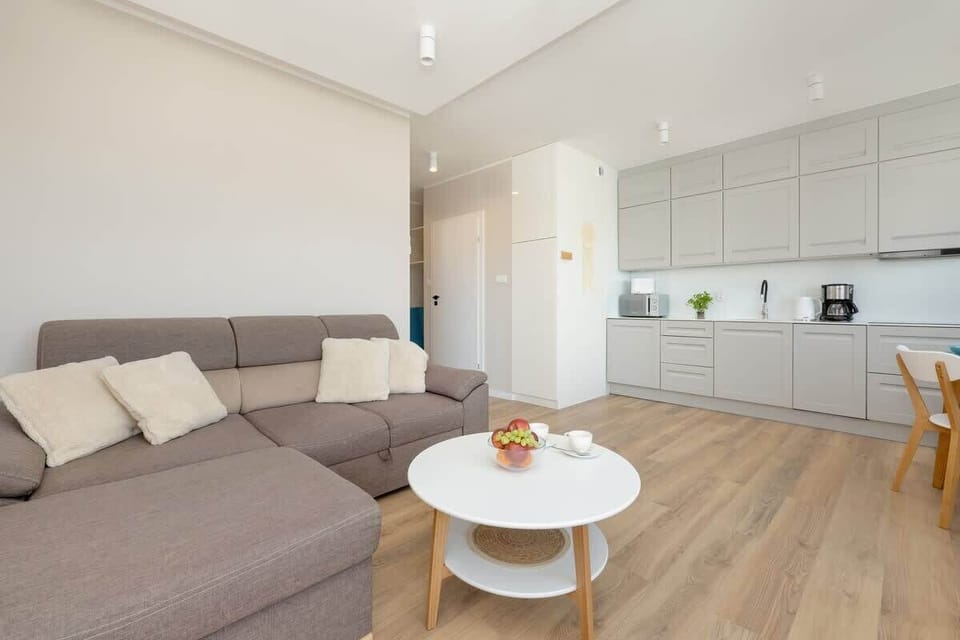 Open plan living room with fully equipped kitchenette and dining table.