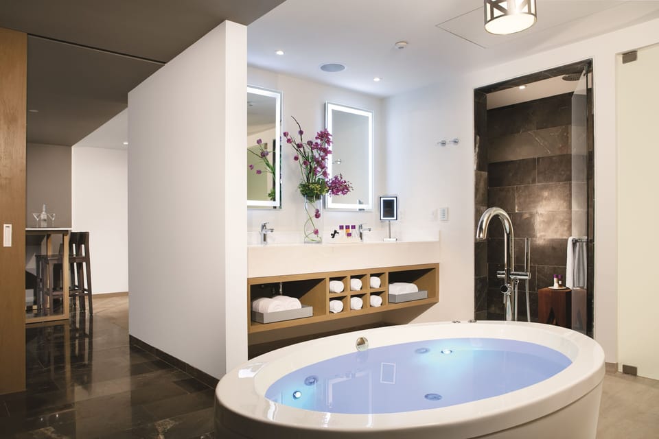 Shower, rainfall showerhead, designer toiletries, hair dryer