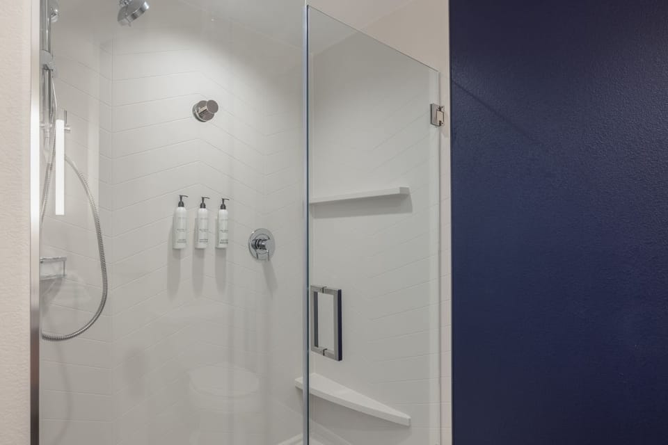 Rainfall showerhead, hair dryer, towels, soap
