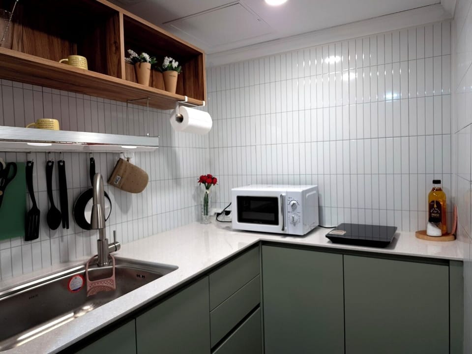 Fridge, microwave, stovetop, espresso maker