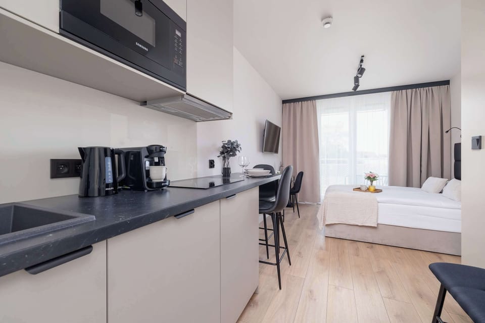Modern studio with a comfortable double bed and fully equipped kitchenette.