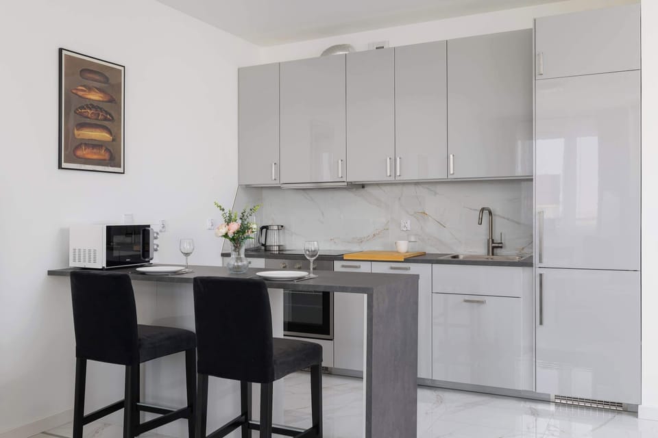 Fully equipped kitchenette with induction hob, oven, microwave, refrigerator with freezer, electric kettle and dishwasher.