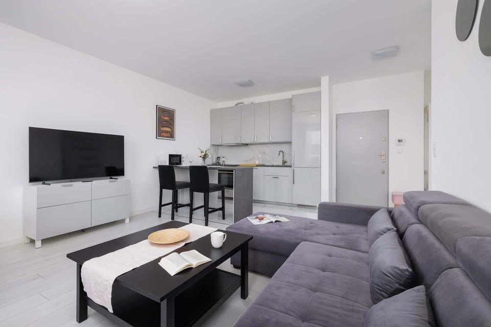 Modern living area with sofa bed, Smart TV and kitchenette with dining area.