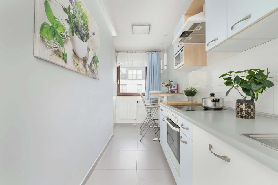 Fully equipped kitchen with electric cooktop, refrigerator with freezer, oven, microwave oven, electric kettle, dishwasher and dining area.