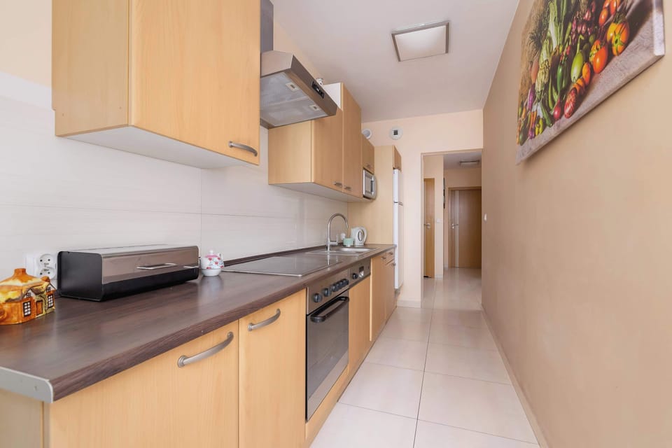 Fully equipped kitchen with electric cooktop, refrigerator with freezer, oven, microwave oven, electric kettle, dishwasher and toaster.