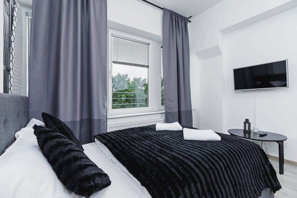 A comfortable bed with black bedding, placed near a large window for ample natural light.
