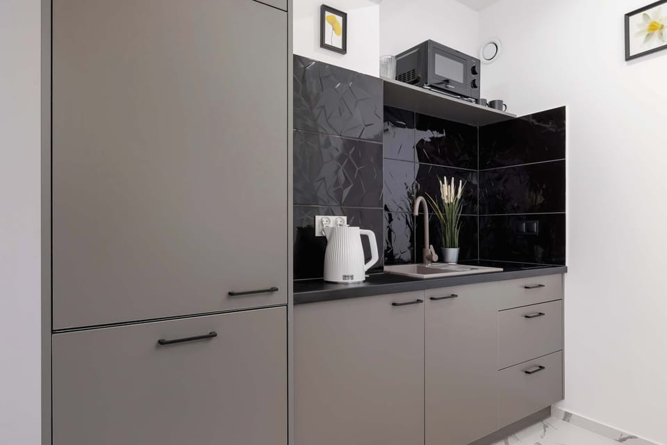 The modern kitchen with black finishes offers everything you need for cooking.
