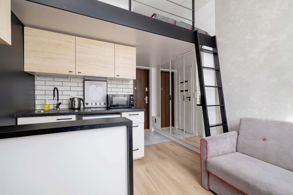 A studio with a modern layout, combining lounge, kitchen and mezzanine areas in a cohesive arrangement.