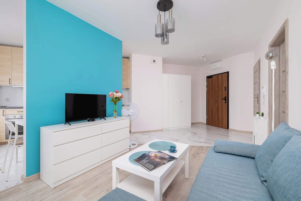 Cosy living room with coffee table ideal for remote work, television, double sofa bed, and cabinet.