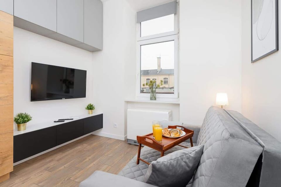 The elegant living area featuring a double sofa bed.