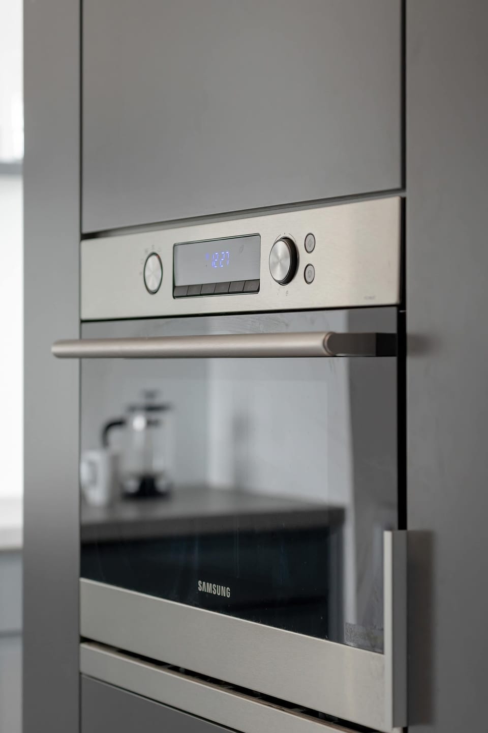 Close-up of the oven with microwave function.