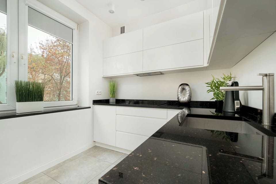 A kitchen with white cabinetry, a black countertop, and a window bringing in natural light. A few decorative plants are visible on the counter.