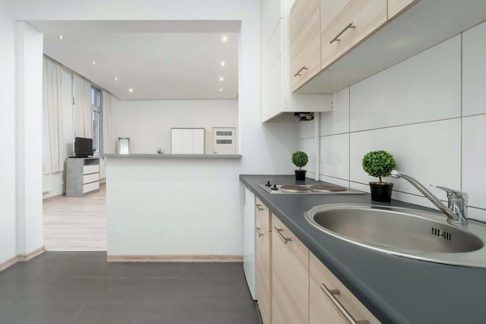 A functional kitchen featuring sleek white cabinetry, green decorative plants, and dark countertops.