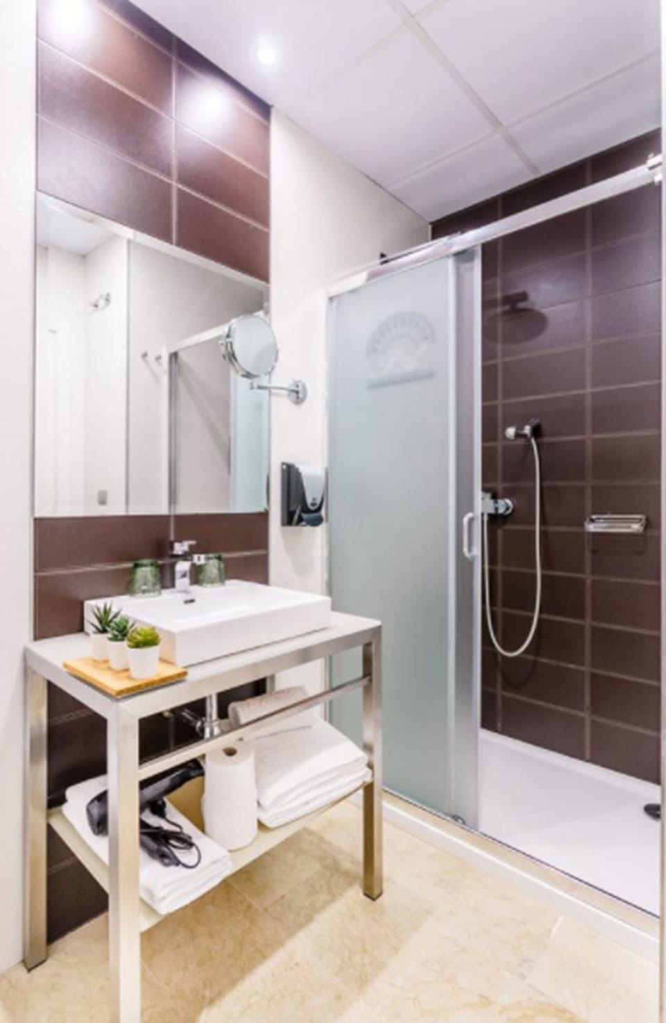 Combined shower/tub, hair dryer, bidet, towels