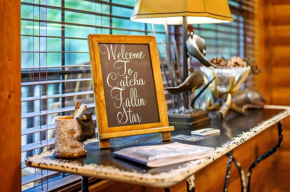 Charming cabin welcome nook with rustic decor and cozy ambiance.