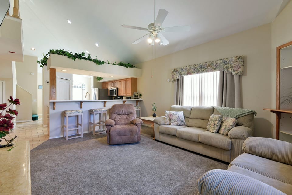 Living room and kitchen bar area