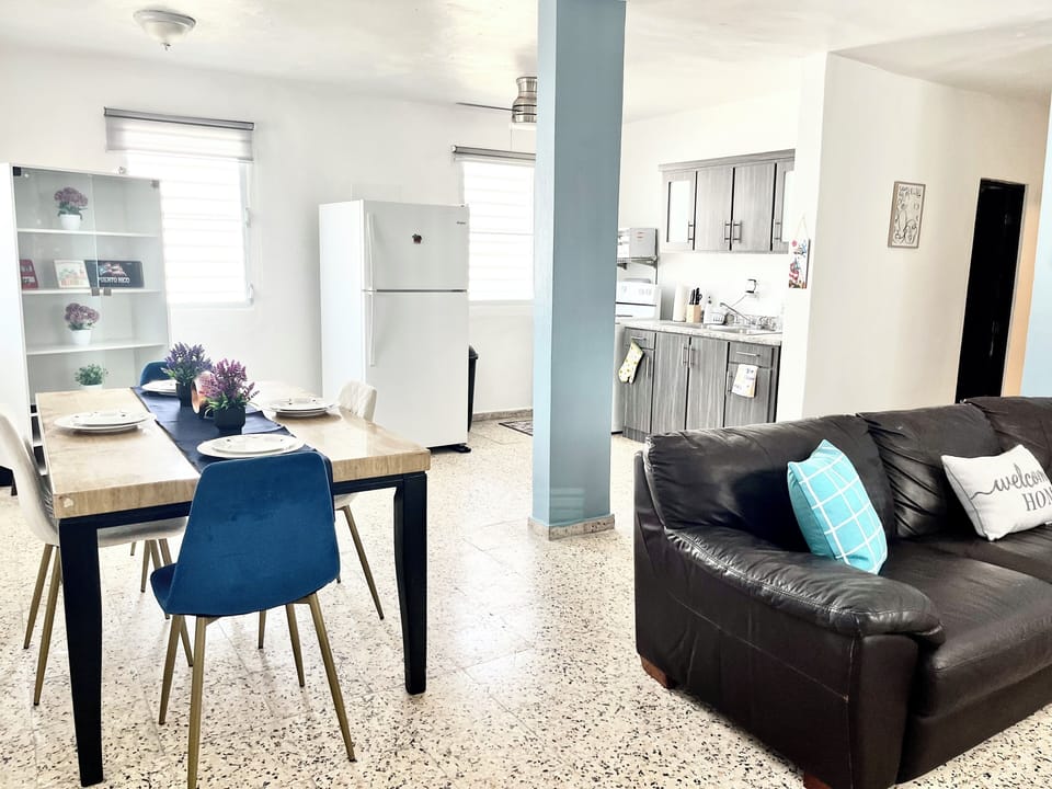 Living room, dining area and kitchen are all open to each other. Lots of light.