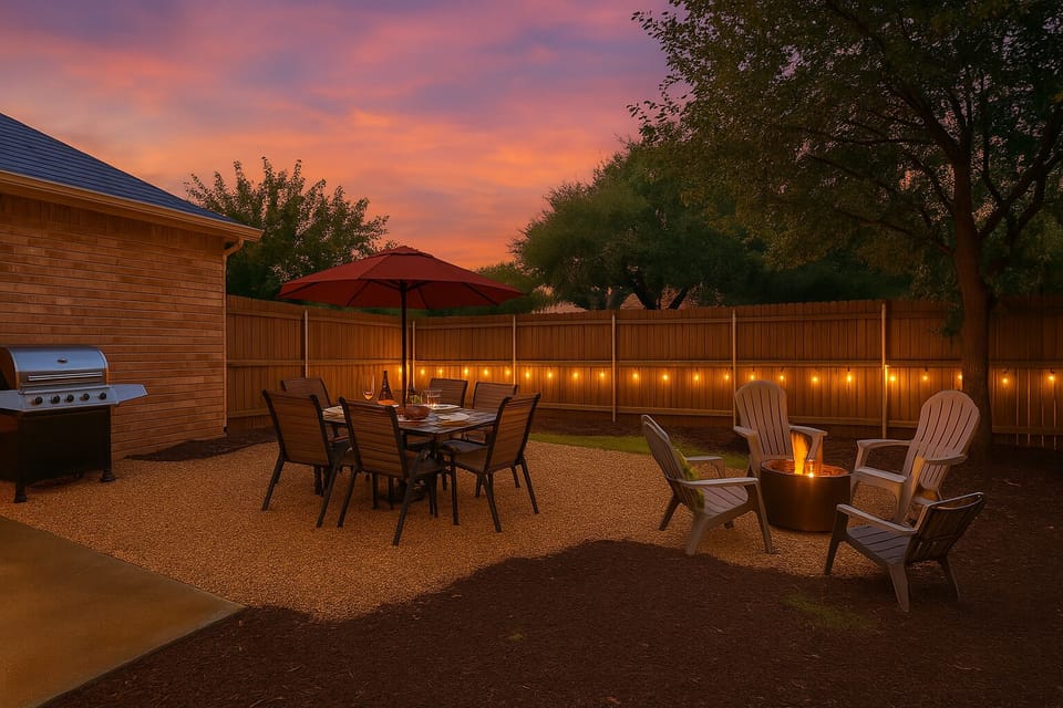 Relax outdoors with a firepit, grill, and ambient lighting – perfect for evening meals or casual hangouts.