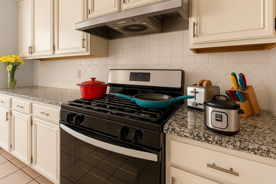 Whip up hearty meals in the stocked kitchen featuring a gas stove, cookware, and all essentials.