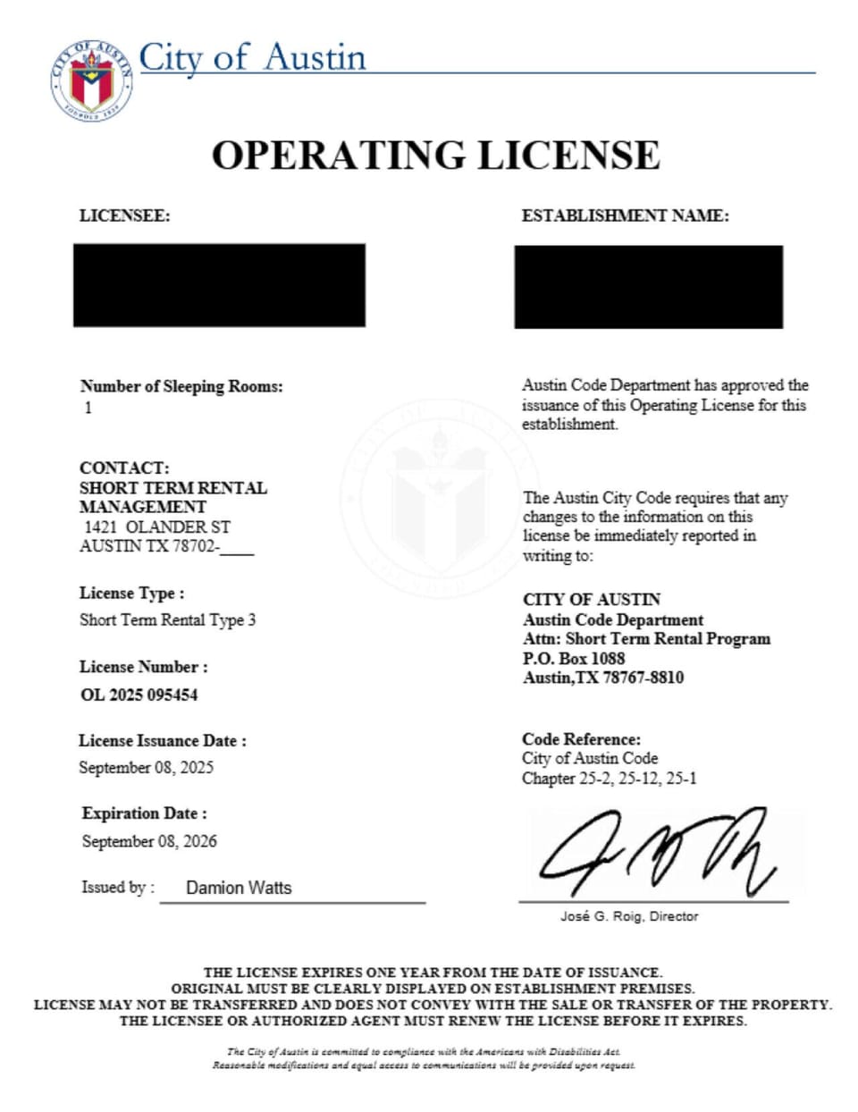 STR license for the City of Austin