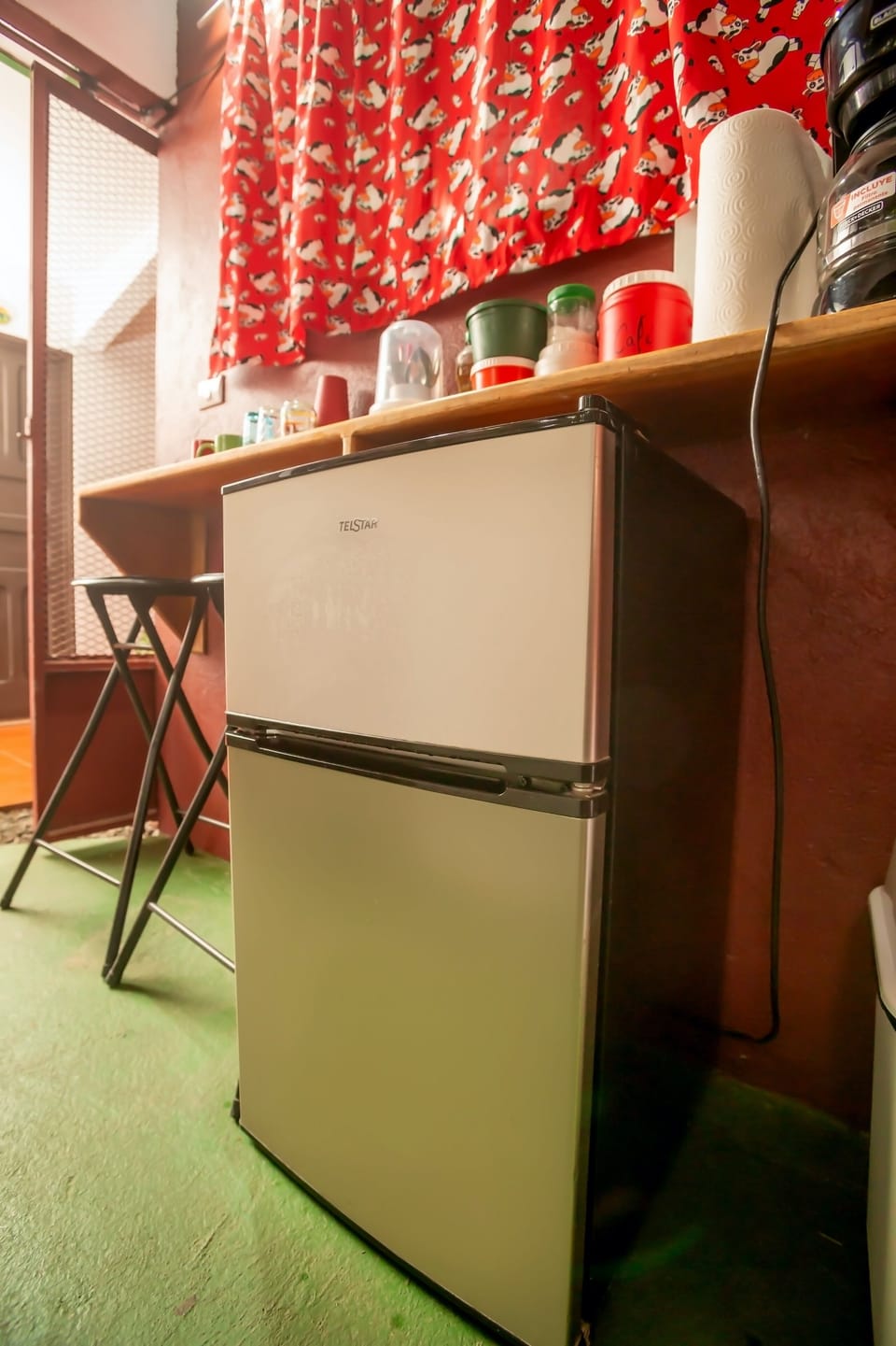 Mini-fridge, microwave, cookware/dishes/utensils