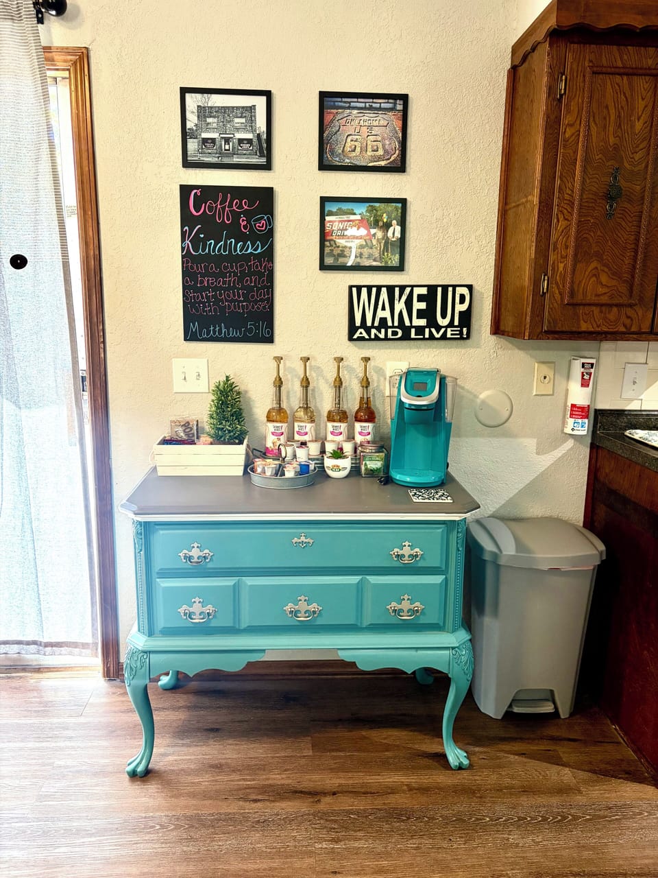 Coffee bar with syrups, creamers, & cappuccino