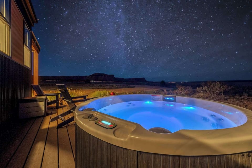 Soak under the Milky Way in the private hot tub at Journey Pines — Kanab's ultimate stargazing escape.