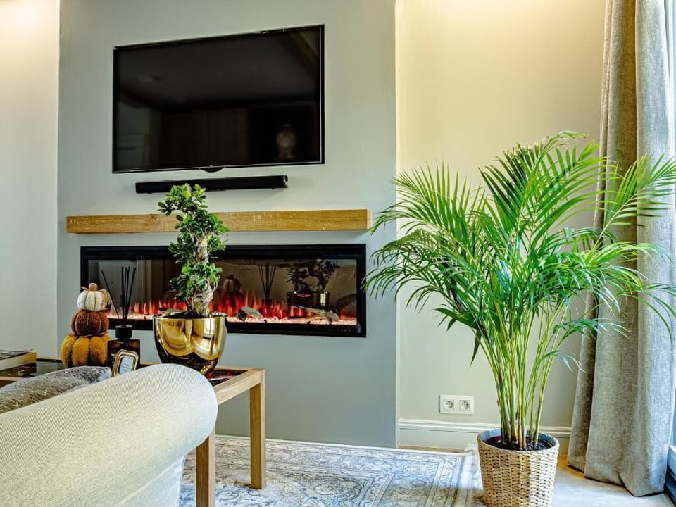 Suite, City View | Living area | 65-inch Smart TV with cable channels, fireplace