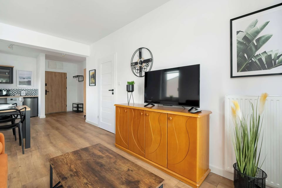 The living area features a sleek coffee table and a flat-screen television.