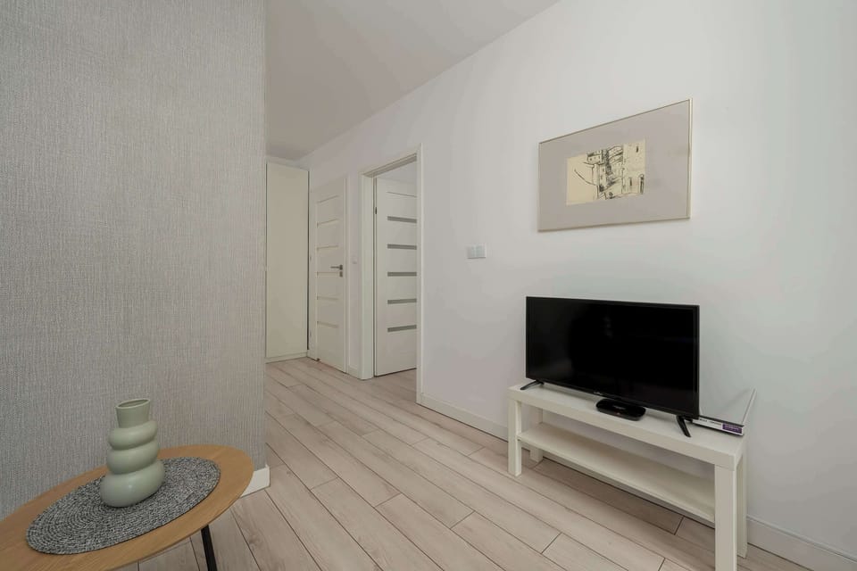 Modern and elegant living room with blue double sofa bed, coffee table, kitchenette, dining table with chairs and television.