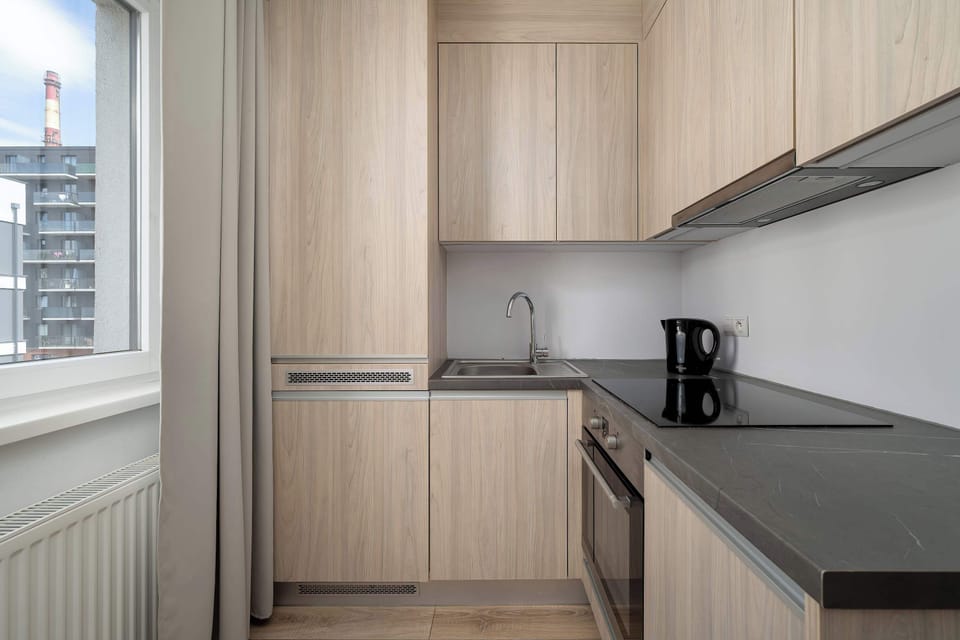 This perspective of the kitchen shows the built-in sink and ample counter space for meal preparation. The layout is compact and functional, featuring light-colored wood finishes and modern appliances.