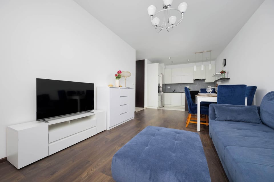 Living room featuring a dark blue sofa, TV, and modern interior decor.