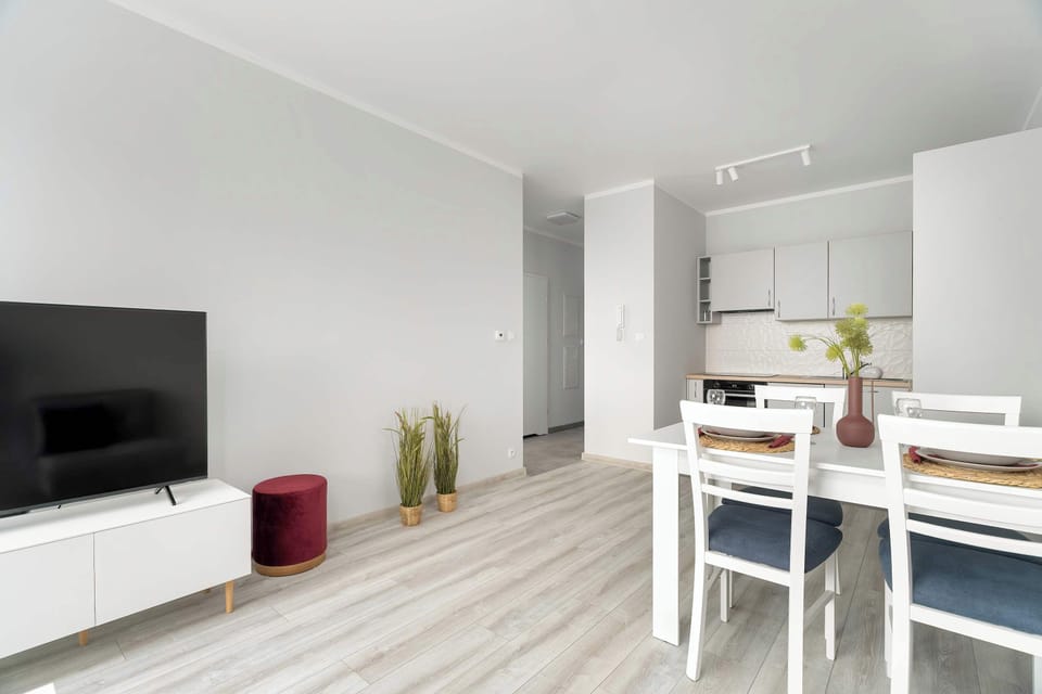 Elegant and atmospheric living room with white dining area, television, praclical kitchenette, and two sofa beds.
