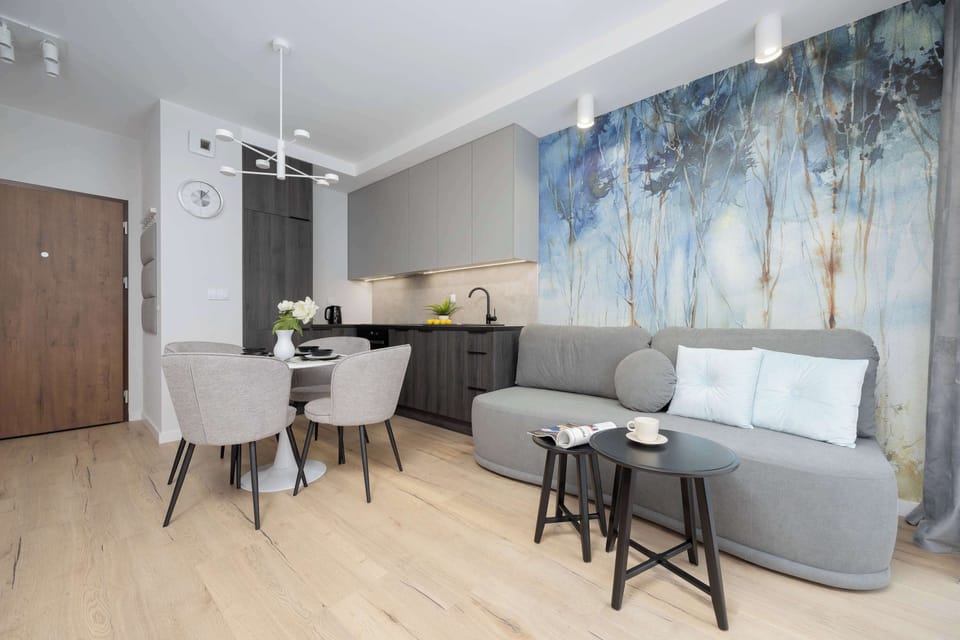 Living room with a double sofa bed, TV and fully equipped kitchenette.