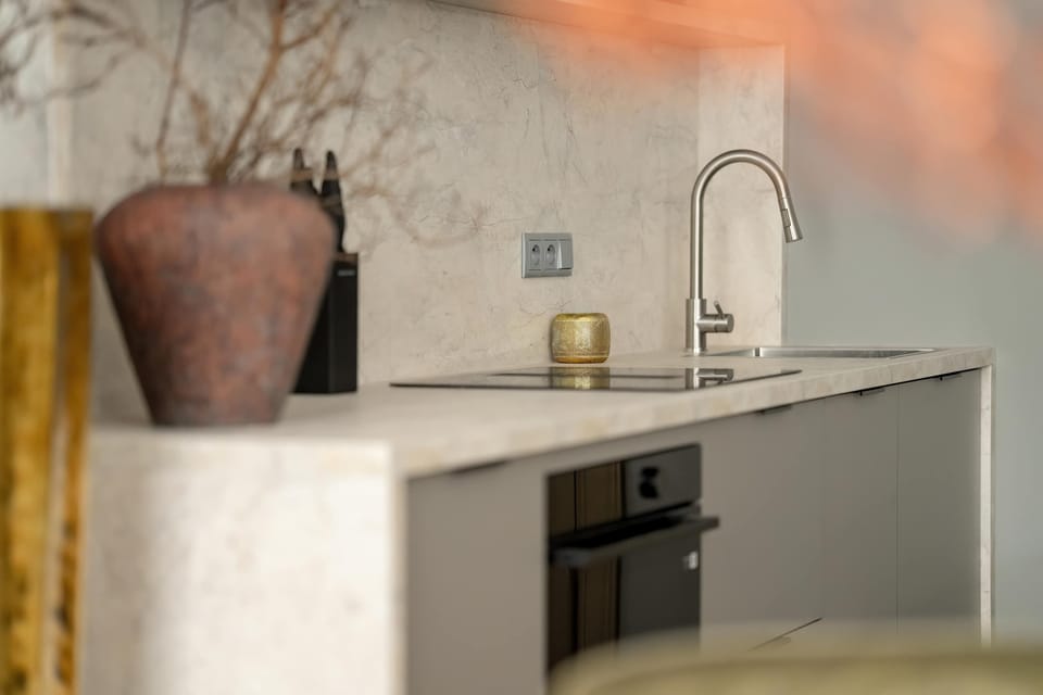 Stylish kitchen cabinets, built-in oven and dishwasher.