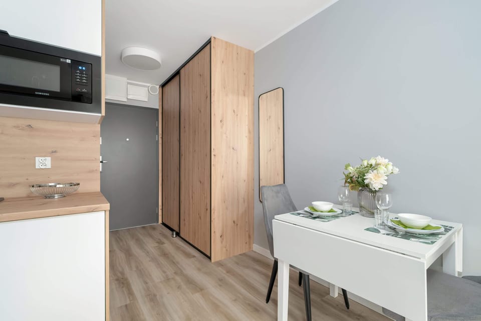 Living area with functional dining table.